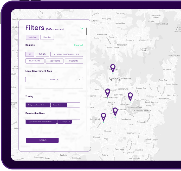 Map and search tool interface for finding development sites in NSW, showcasing Urban Prospects’ advanced site search and planning controls features.